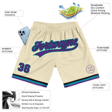 Personalized Basketball Shorts - Cream Purple Black-Teal Throwback Design Personalized Cream Purple Black-Teal Throwback