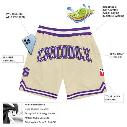 Personalized Purple Black Cream Throwback Basketball Shorts for Men and Women Personalized Cream Purple-Black Throwback Basketball