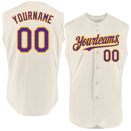 Custom Name and Number Personalized Baseball Jersey - Authentic Sleeveless Cream Purple-Gold Team Apparel Personalized Cream