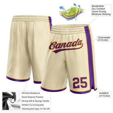 Custom Cream Purple Gold Mens Basketball Shorts for Comfort and Style Personalized Cream Purple-Gold Basketball Shorts