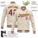 Personalized Purple Gold Bomber Varsity Jacket Full-Snap Letterman 2 Personalized Cream Purple-Gold Bomber Full-Snap Varsity