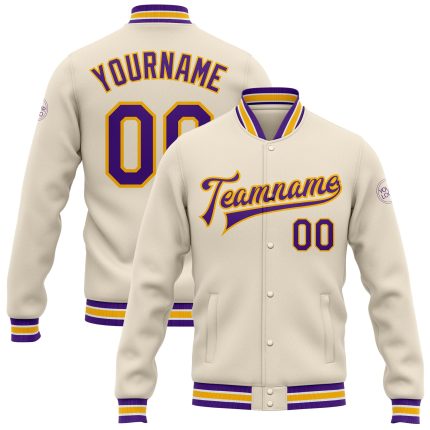 Personalized Purple Gold Bomber Varsity Jacket Full-Snap Letterman 2 Personalized Cream Purple-Gold Bomber Full-Snap Varsity