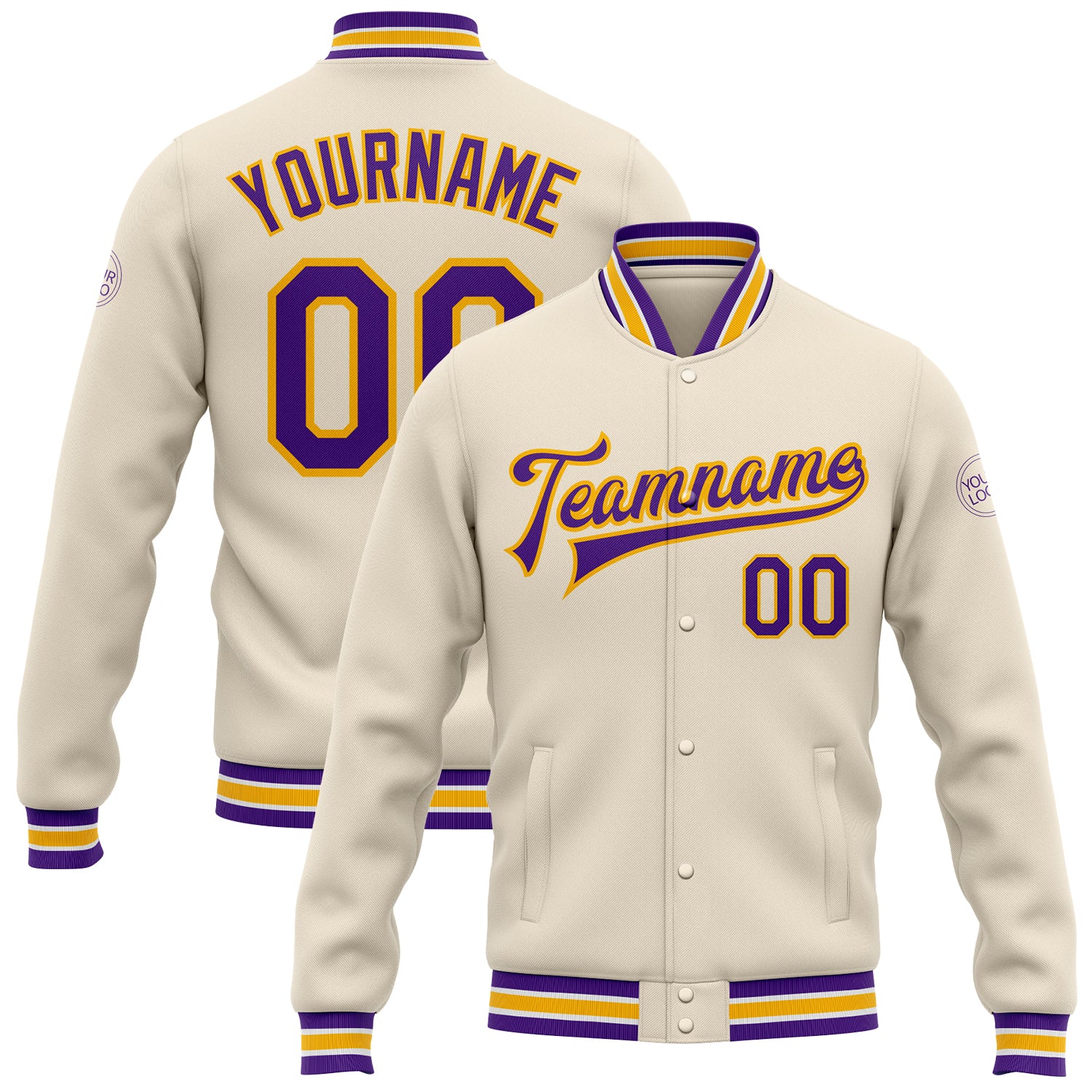 Personalized Purple Gold Varsity Letterman Bomber Jacket - Full-Snap Design Personalized Cream Purple-Gold Bomber Full-Snap