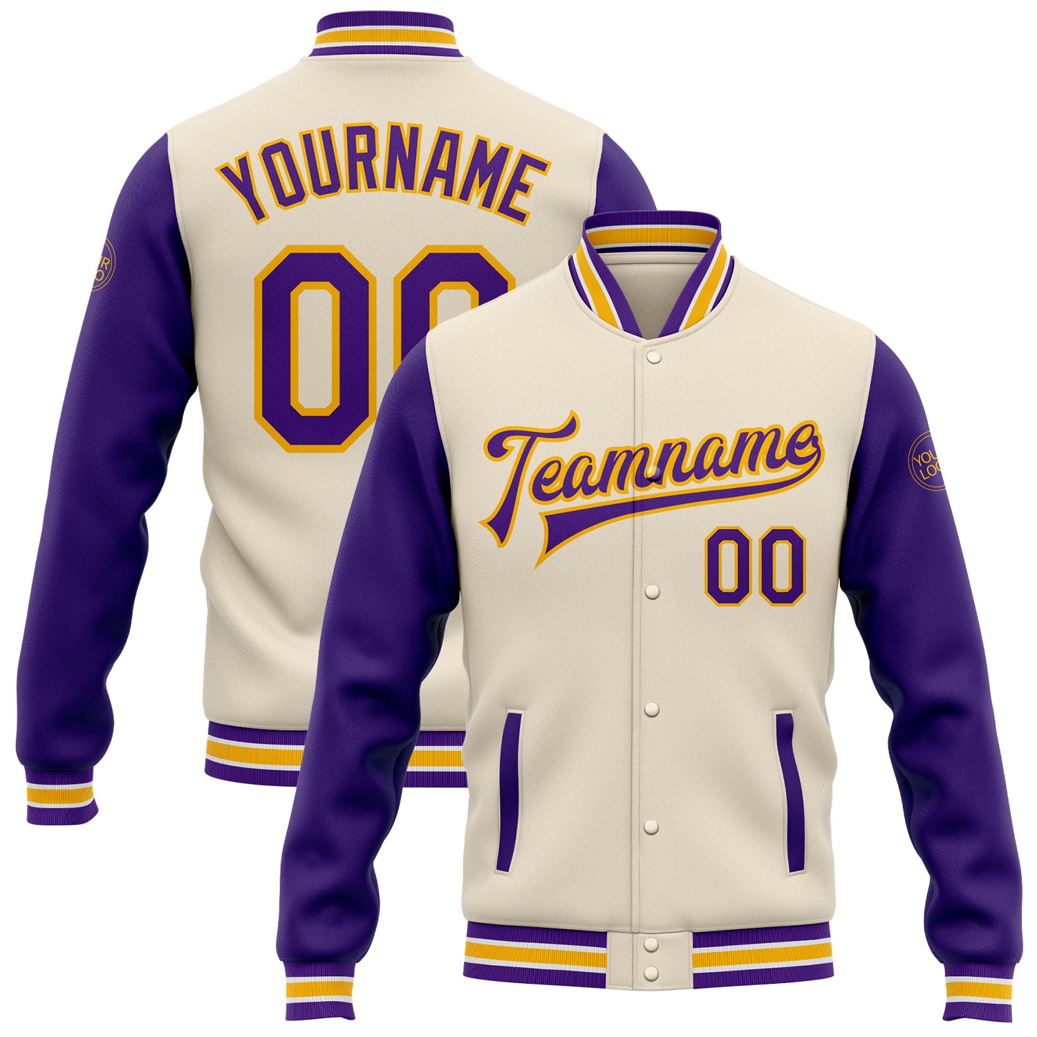 Customizable Purple Gold Bomber Jacket with Team Name & Number - Personalized Full-Snap Varsity Letterman Two Tone Style