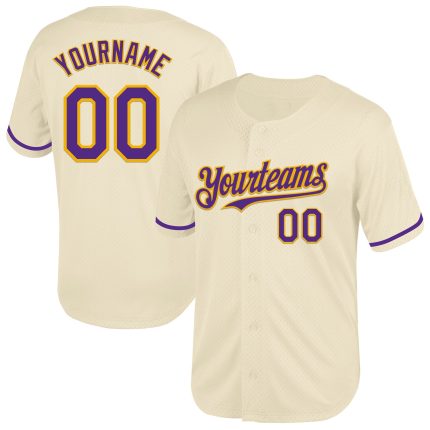 Personalized Purple Gold Mesh Baseball Jersey, Retro Style Throwback Design Personalized Cream Purple-Gold Mesh Throwback