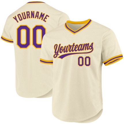 Personalized Purple Gold Baseball Jersey - Custom Cream Throwback Jersey Personalized Cream Purple-Gold Throwback Baseball