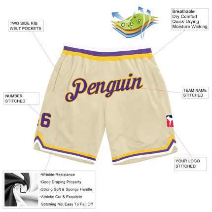 Personalized Basketball Shorts in Cream Purple Gold Retro Style Personalized Cream Purple-Gold Throwback Basketball Shorts