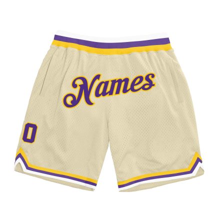 Personalized Basketball Shorts in Cream Purple Gold Retro Style Personalized Cream Purple-Gold Throwback Basketball Shorts