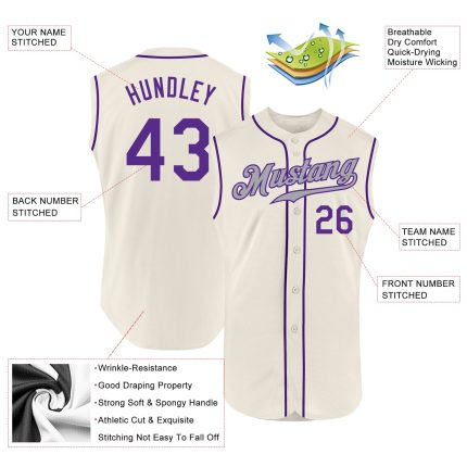 Custom Name and Number Purple Gray Sleeveless Baseball Jersey - Personalized Authentic Team Apparel Personalized Cream Purple-Gray