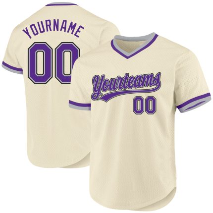 Personalized Throwback Baseball Jersey in Cream Purple Gray-Black Personalized Cream Purple Gray-Black Throwback Baseball