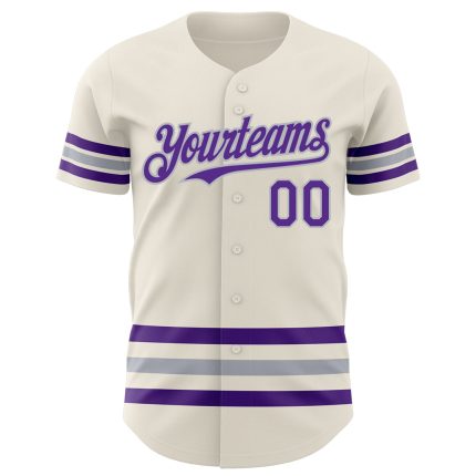 Personalized Purple-Gray Line Baseball Jersey - Custom Cream Jersey for Fans Personalized Cream Purple-Gray Line Baseball