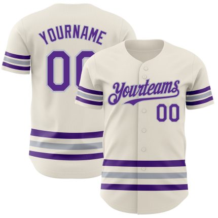 Personalized Purple-Gray Line Baseball Jersey - Custom Cream Jersey for Fans Personalized Cream Purple-Gray Line Baseball