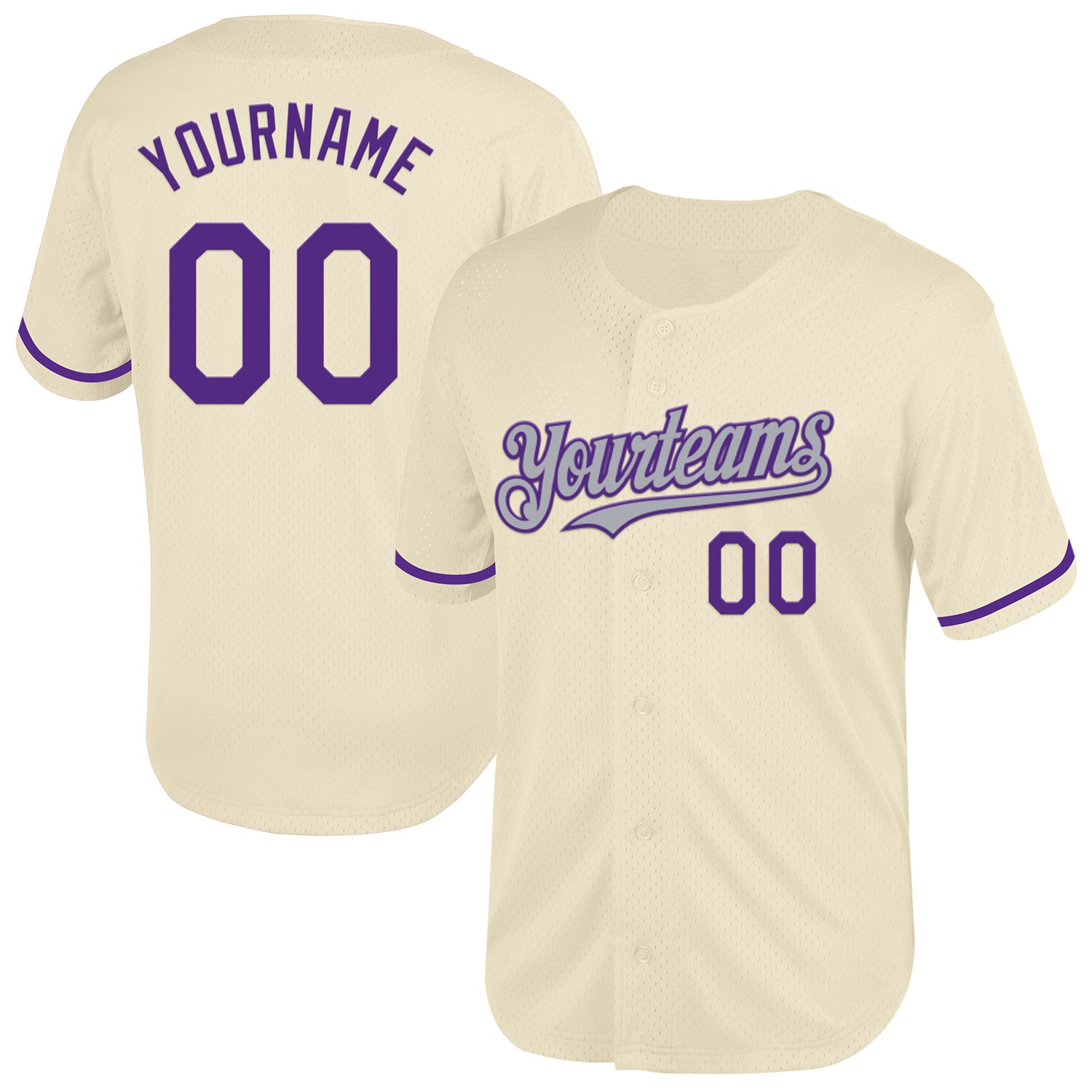 Personalized Purple Gray Cream Throwback Baseball Jersey Mesh Design Personalized Cream Purple-Gray Mesh Throwback Baseball