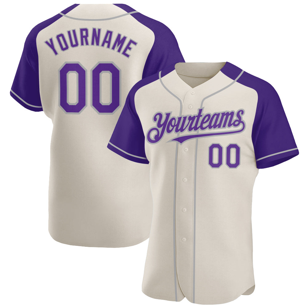 Personalized Cream Purple Gray Baseball Jersey with Raglan Sleeves Personalized Cream Purple-Gray Raglan Sleeves Baseball