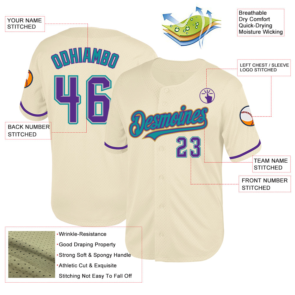 Personalized Cream Purple Gray Teal-Old Gold Mesh Authentic Throwback Baseball Jersey Team Custom Name and Number Customizable Throwback Baseball Jersey - Personalized Cream Purple Gray Teal Old Gold Mesh Team Name & Number Personalized - Image 3