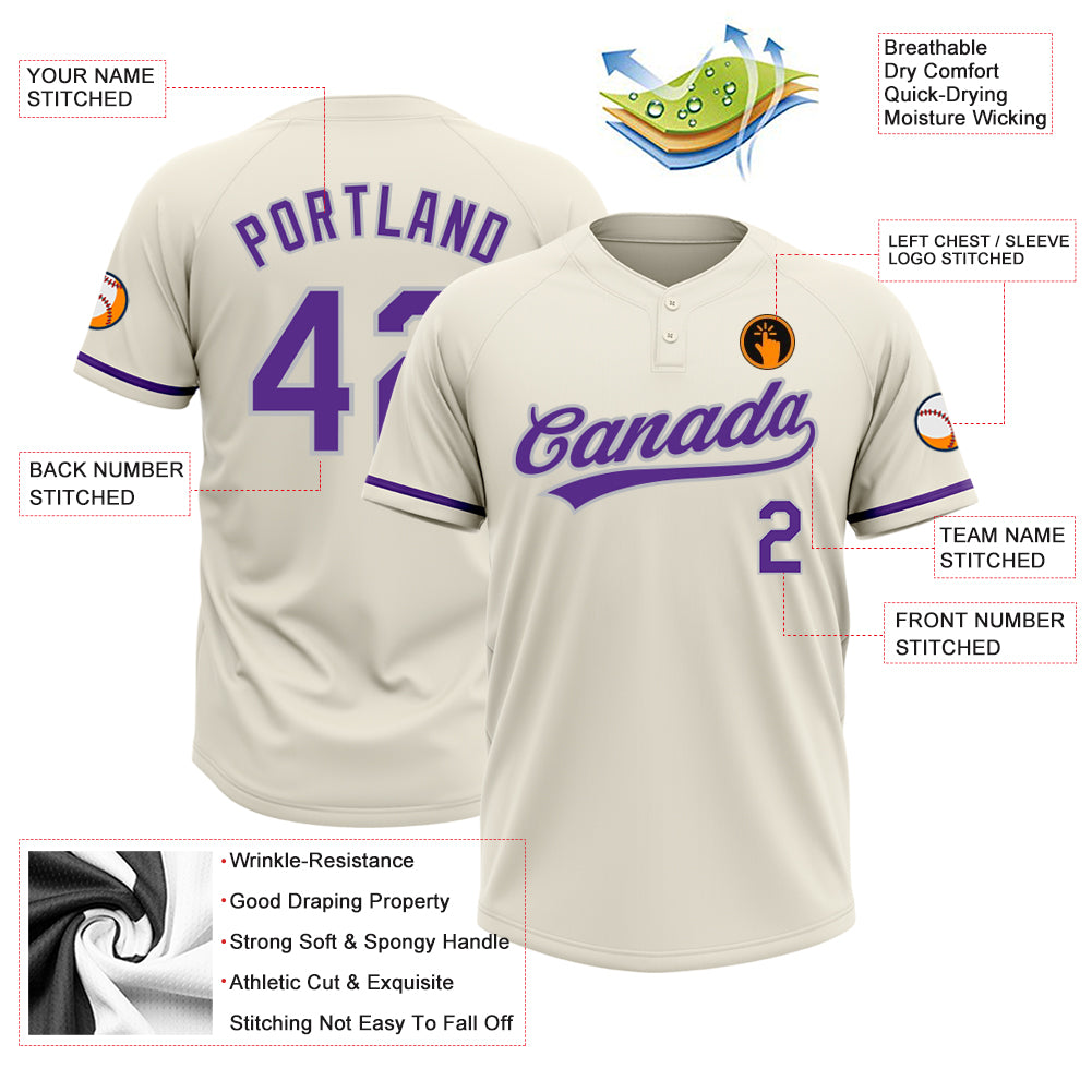 Personalized Cream Purple-Gray Two-Button Unisex Softball Jersey Team Custom Name and Number Custom Name and Number Two-Button Unisex Softball Jersey Cream Purple-Gray Personalized Design Personalized Cream Purple-Gray - Image 3