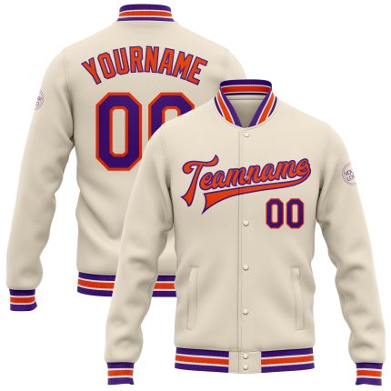 Personalized Varsity Letterman Jacket Cream Purple Orange Full-Snap Bomber Personalized Cream Purple-Orange Bomber Full-Snap