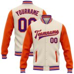 Custom Name Number Varsity Letterman Bomber Jacket Purple Orange Two Tone Cream Full Snap Personalized Cream Purple-Orange