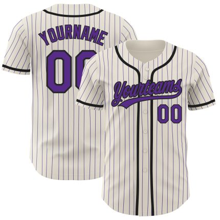 Custom Name and Number Personalized Black Purple Pinstripe Baseball Jersey - Authentic Team Apparel Personalized Cream Purple