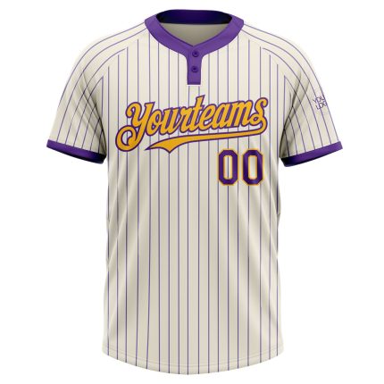Personalized Purple Cream Pinstripe Gold Unisex Softball Jersey - Custom Two-Button Design Personalized Cream Purple Pinstripe