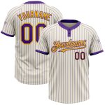Custom Gold Pinstripe Softball Jersey with Personalized Name and Number - Unisex Cream Purple Two-Button Design Personalized