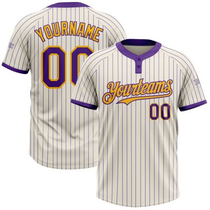 Custom Gold Pinstripe Softball Jersey with Personalized Name and Number - Unisex Cream Purple Two-Button Design Personalized