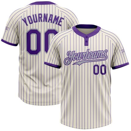 Personalized Unisex Softball Jersey - Cream Purple Pinstripe Gray, Two-Button Design Personalized Cream Purple Pinstripe