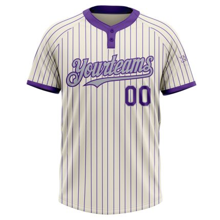 Personalized Unisex Softball Jersey - Cream Purple Pinstripe Gray, Two-Button Design Personalized Cream Purple Pinstripe