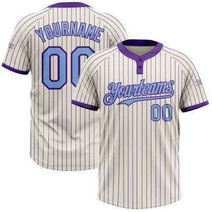 Custom Name and Number Unisex Softball Jersey - Personalized Cream Purple Pinstripe Light Blue Two-Button Design Personalized