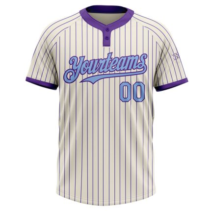 Custom Name and Number Unisex Softball Jersey - Personalized Cream Purple Pinstripe Light Blue Two-Button Design Personalized