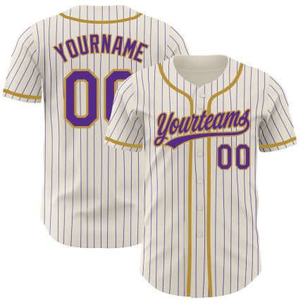 Custom Name and Number Personalized Baseball Jersey in Cream Purple Pinstripe with Old Gold - Authentic Team Gear Personalized