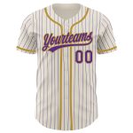 Custom Name and Number Personalized Baseball Jersey in Cream Purple Pinstripe with Old Gold - Authentic Team Gear Personalized