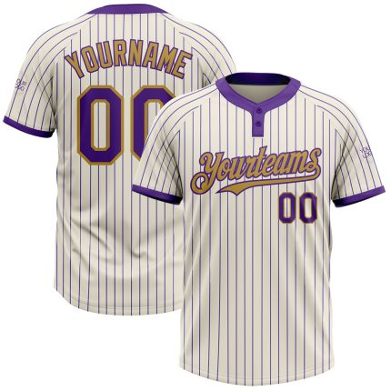 Personalized Purple Pinstripe Softball Jersey for Unisex - Cream and Old Gold Two-Button Design Personalized Cream Purple