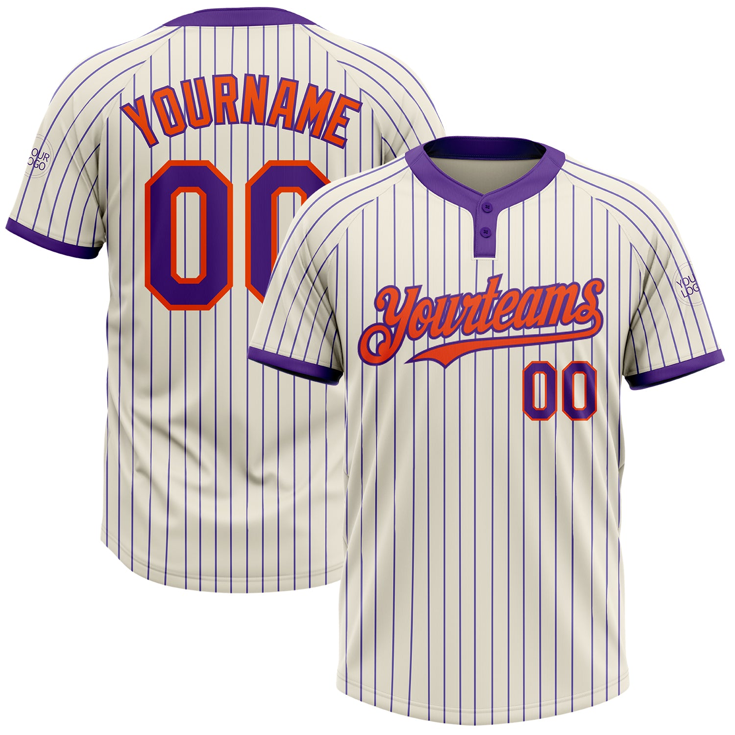 Custom Name and Number Unisex Softball Jersey - Personalized Cream Purple Pinstripe Orange Two-Button Design Personalized