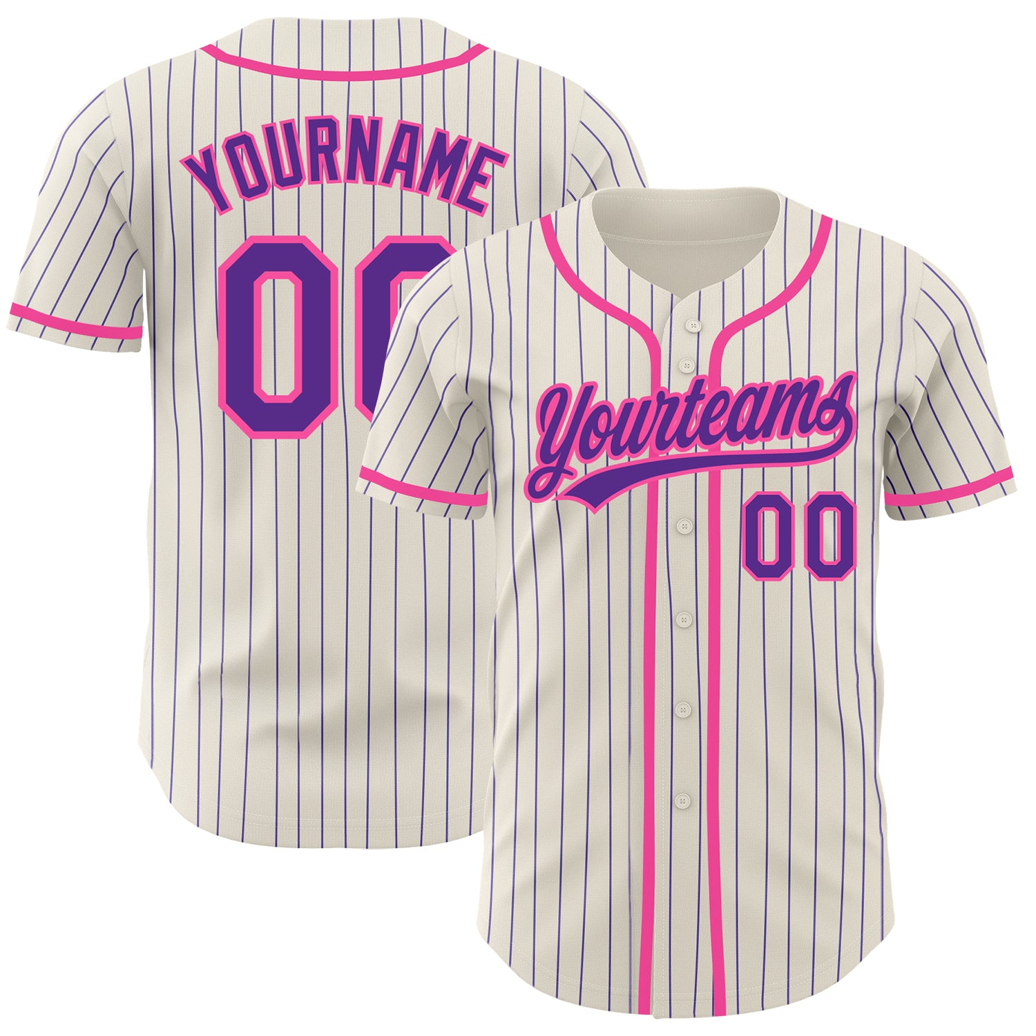 Customizable Authentic Baseball Jersey with Pinstripe Design - Personalized Cream Purple Pink Team Name & Number Personalized