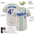 Custom Name and Number Authentic Baseball Jersey, Personalized Cream Purple Pinstripe Teal Design Personalized Cream Purple