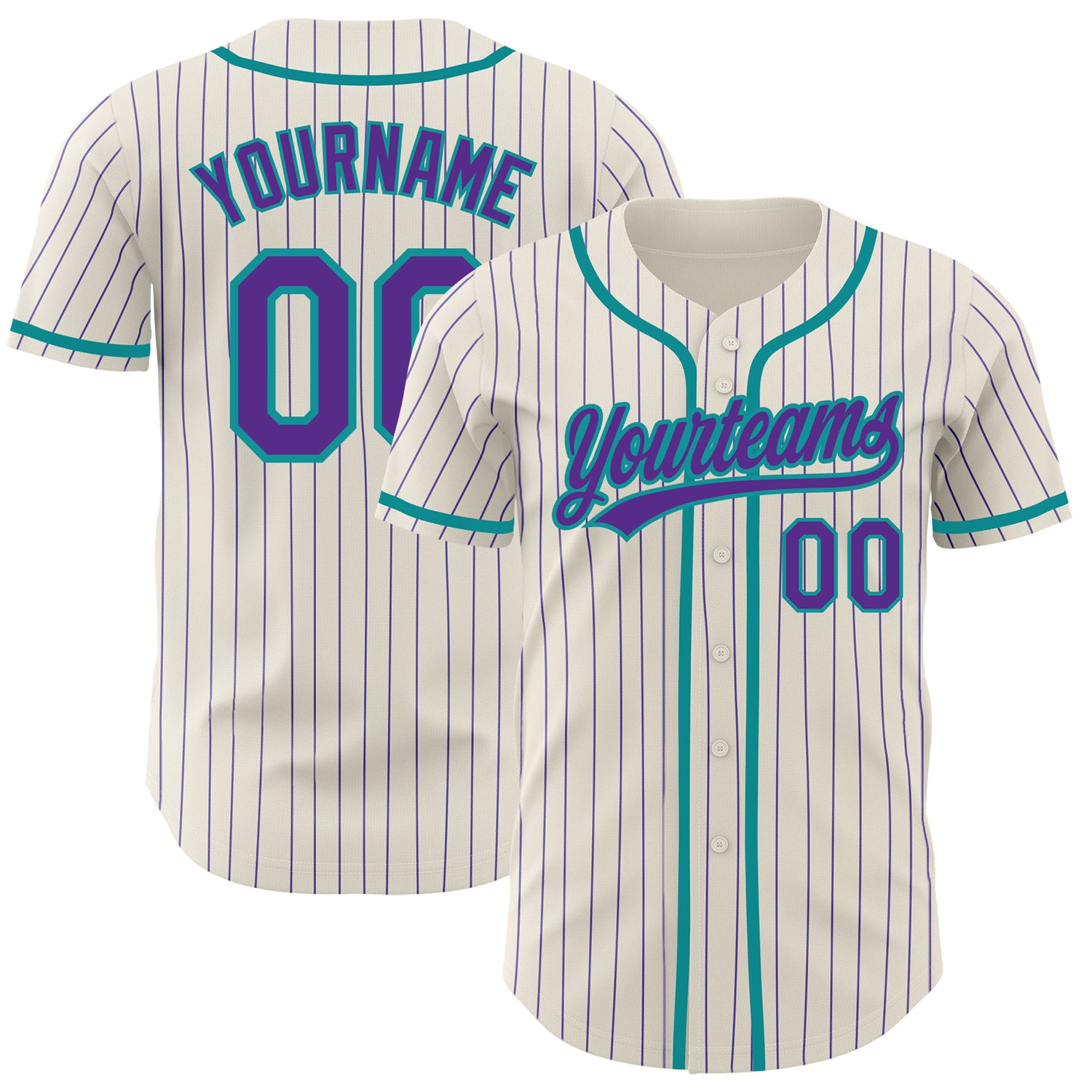 Custom Name and Number Authentic Baseball Jersey, Personalized Cream Purple Pinstripe Teal Design Personalized Cream Purple