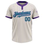 Personalized Unisex Softball Jersey - Cream Purple Pinstripe Two-Button Design Personalized Cream Purple Pinstripe Teal Two-Button