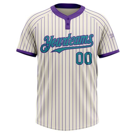 Personalized Unisex Softball Jersey - Cream Purple Pinstripe Two-Button Design Personalized Cream Purple Pinstripe Teal Two-Button