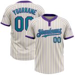 Personalized Unisex Softball Jersey - Cream Purple Pinstripe Two-Button Design Personalized Cream Purple Pinstripe Teal Two-Button