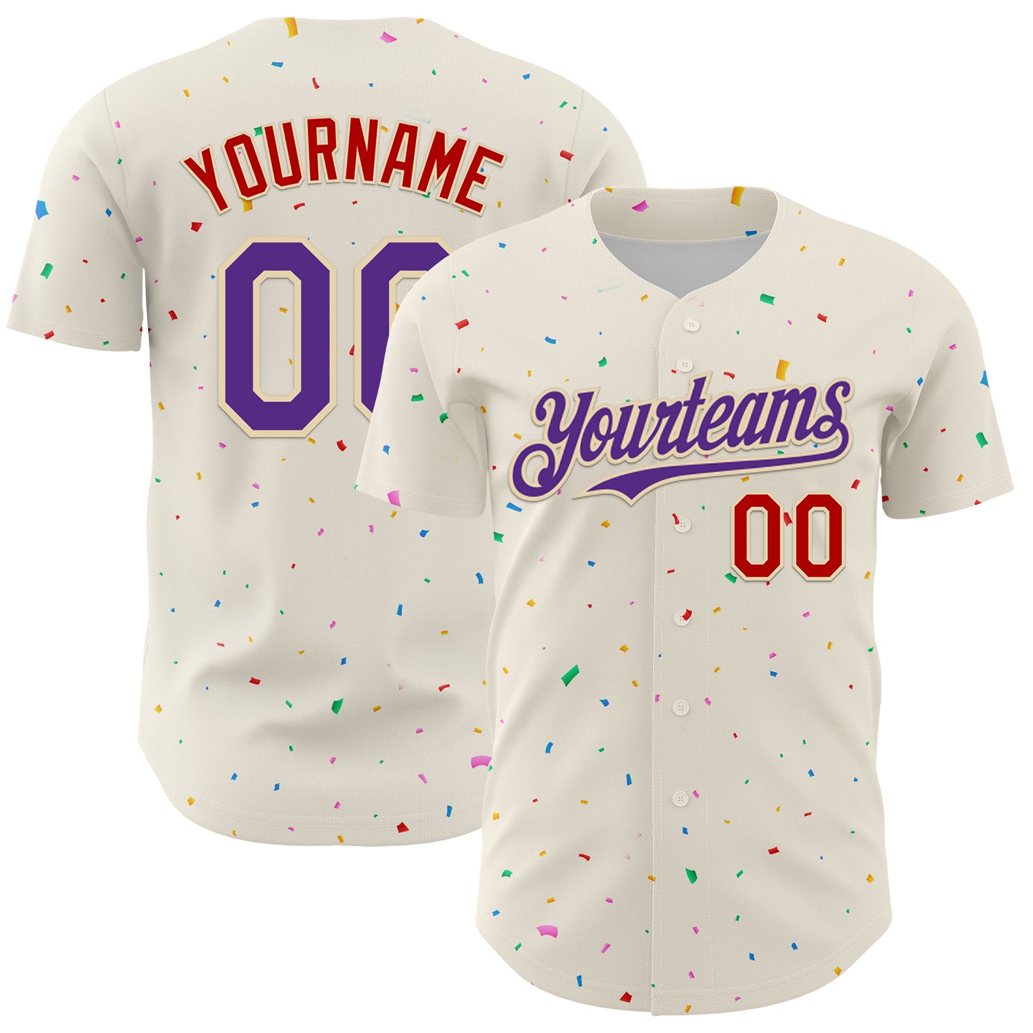 Custom Name & Number Baseball Jersey - Personalized 3D Pattern Design in Cream Purple-Red Confetti Personalized Cream Purple-Red