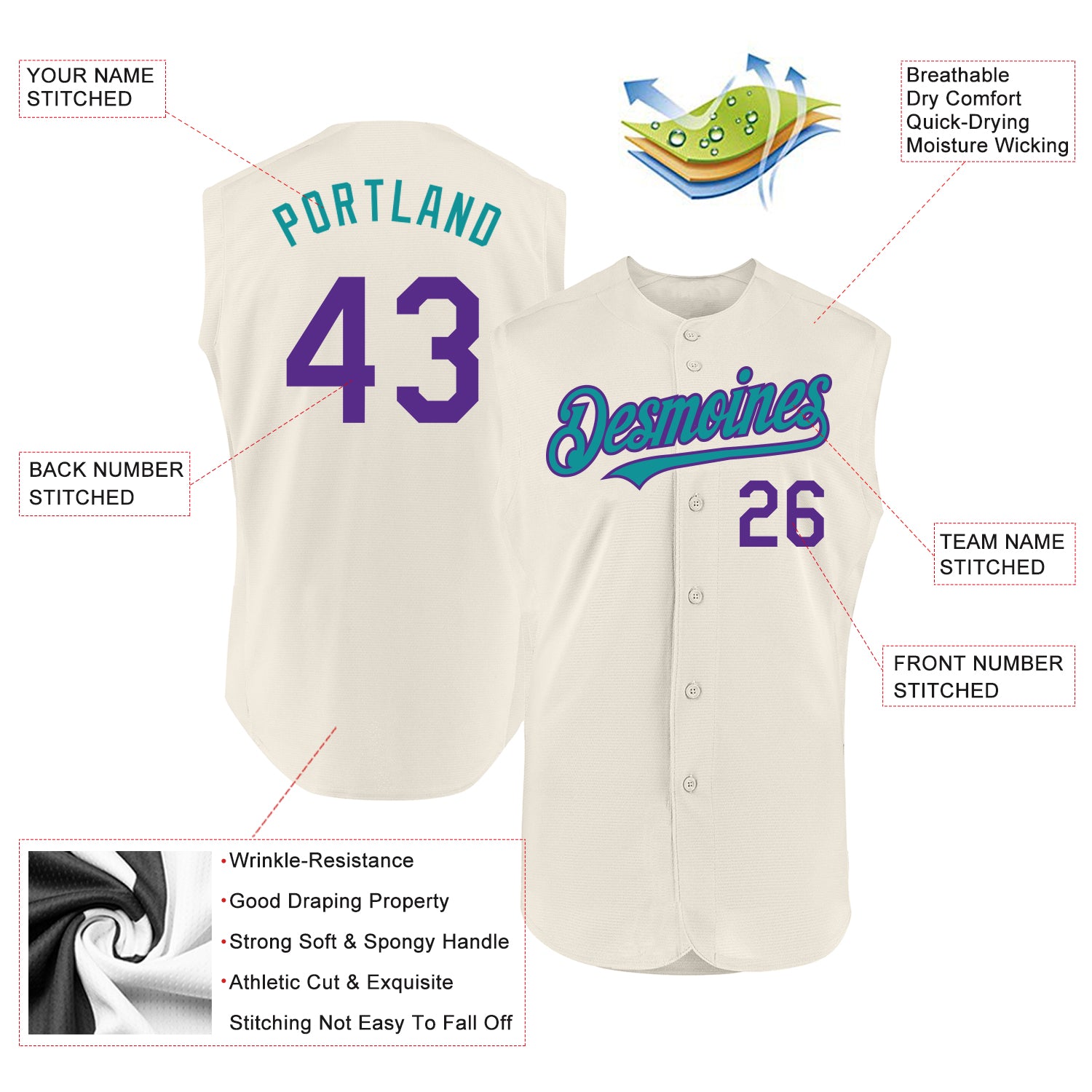 Personalized Cream Purple-Teal Authentic Sleeveless Baseball Jersey Team Custom Name and Number Custom Name Number Personalized Sleeveless Baseball Jersey in Cream Purple Teal - Authentic Team Apparel Personalized Cream - Image 2