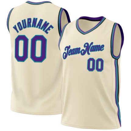 Personalized Throwback Basketball Jersey in Cream Purple Teal-Black Personalized Cream Purple Teal-Black Throwback Basketball