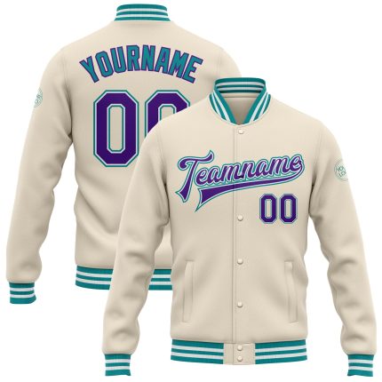 Personalized Purple Teal Cream Varsity Jacket Full-Snap Bomber Letterman Personalized Cream Purple-Teal Bomber Full-Snap