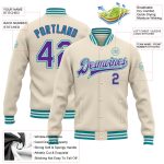 Custom Name and Number Varsity Letterman Jacket in Cream Purple-Teal Bomber Style - Personalized Team Gear Personalized Cream