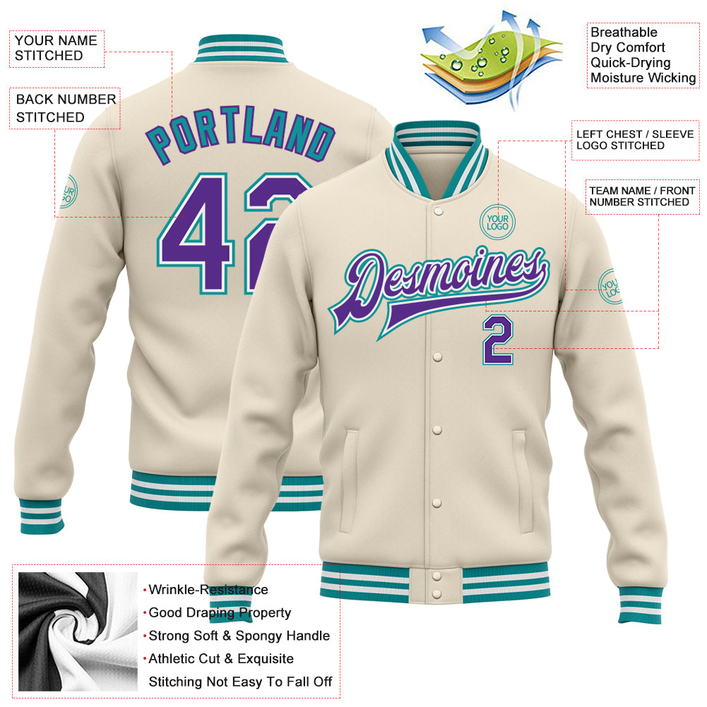 Personalized Cream Purple-Teal Bomber Full-Snap Varsity Letterman Jacket Team Custom Name and Number Custom Name and Number Varsity Letterman Jacket in Cream Purple-Teal Bomber Style - Personalized Team Gear Personalized Cream - Image 3