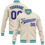 Custom Name and Number Varsity Letterman Jacket in Cream Purple-Teal Bomber Style - Personalized Team Gear Personalized Cream