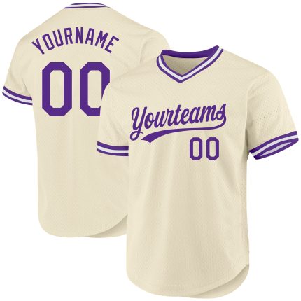 Personalized Purple White Throwback Baseball Jersey - Custom Cream Jersey Personalized Cream Purple-White Throwback Baseball