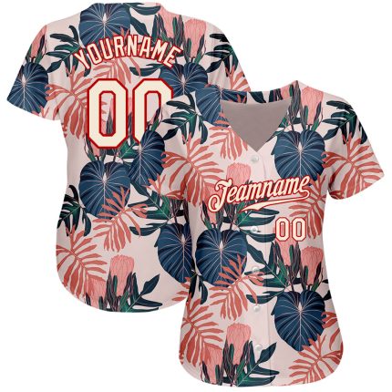 Personalized Red Cream 3D Hawaii Palm Leaves Floral Design Baseball Jersey Personalized Cream Red 3D Hawaii Palm Leaves And