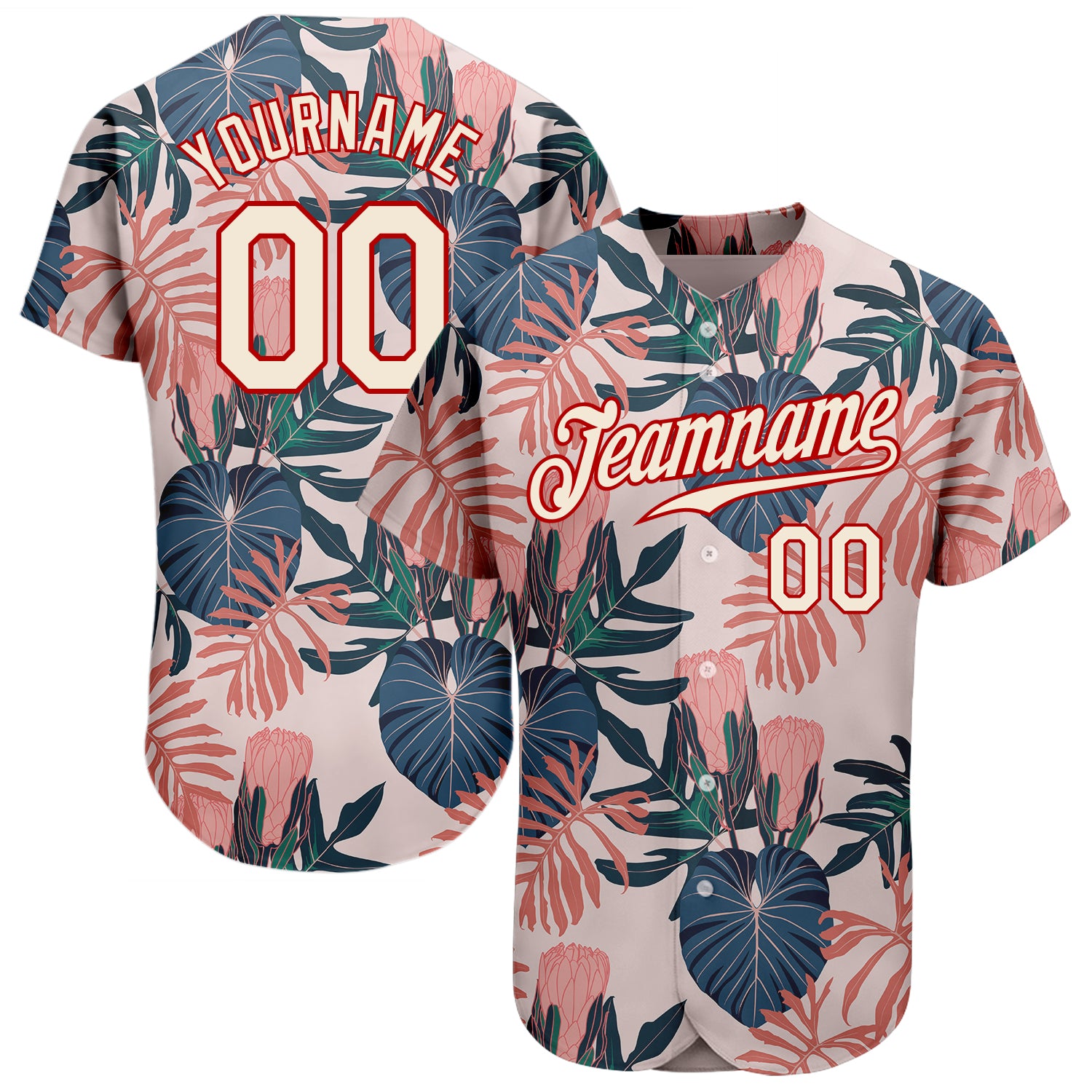 Personalized Red Cream 3D Hawaii Palm Leaves Floral Design Baseball Jersey Personalized Cream Red 3D Hawaii Palm Leaves And
